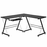 HOMCOM Scrivania Moderna Nera ad Angolo Dritta Postazione da Lavoro per Computer con Vano Tastiera MDF, acciaio a forma di L: 130L x 130P x 73.5A cm dritta: 210L x 50P x 73.5A cm Nero