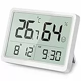 DOOMAY Termometro Digitale Igrometro per Interni: Piccolo e preciso misuratore di temperatura e umidità con grandi cifre LCD e ora data, igrometro ambientale calibrabile per la casa Garage (Bianco)