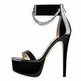 Only maker Sandali con plateau con tacco a pennino, effetto laccato, catena in metallo nero, Nero , 36 EU