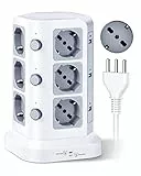KOOSLA Ciabatta Elettrica con 12 Prese Universali ITA 10/16A e Schuko e 6 slot USB-A(4000W/16A), Multipresa verticale protezione sovratensione con 3 interruttori indipendenti, 2M Cavo, Bianco