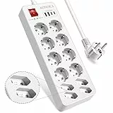 Multipresa Ciabatta Elettrica USB 12 Presa,Ciabatta Multipresa 12 Posti Protezione Sovratensione con Interruttori,Adattatore Presa 2 USB-C e 2 USB-A,Universali Tedesca Spina Schuko1,5M Cavo,Bianco
