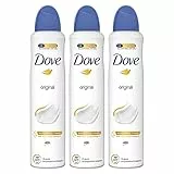 Dove, Deodorante Original Spray, con Crema Idratante e Oli Naturali, Antitraspirante, Senza Alcool, Pelle Asciutta Fino a 48 Ore, Profumazione Delicata, Deodorante Uomo e Donna, 3 Pezzi da 250 ml
