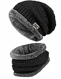 WELLQUA Cappello Uomo Invernale Berretto Uomo in Maglia con Sciarpa 2 Pezzi Cappello da Sci all'aperto e Set Sciarpa Teschio Lavorato a Maglia (Nero)