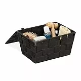Relaxdays Cestino con Coperchio, Portaoggetti da Bagno, PP Intrecciato, HLP 10,5x19,5x14,5 cm, Nero, 1 pz