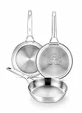Bra Signature Set di 3 padelle da 20-24-26 cm, professionali, in acciaio inox 18/10 senza rivestimento antiaderente, diffusore a triplo fondo adatto a tutti i tipi di fornelli e all’induzione