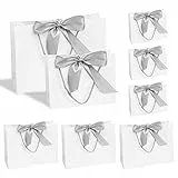 TSHAOUN 6 Pezzi Sacchetti Regalo 2 Taglie, 15 x 14 x 7 cm, 28 x 20 x 9 cm, Premium Bianco Con Manico Nastro a Farfalla in Argento per Sacchetti Regalo Natale, Shopping, Matrimonio, Festa (White)