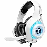 Tatybo Cuffie Gaming, Cuffia con Microfono Suono Surround, Comode Cuffie Grandi, Cuffie per PS4 PS5 PC Xbox One Mac Switch Laptop (Bianco)