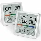 NOKLEAD Termometro Igrometro Temperatura Umidità Monitor Sensore Interno Mini LCD Digitale Misuratore con Livello di Comfort Orologio Data Interruttore ℃/℉ 12/24Hr per Casa Calibrazione,2 Pezzi