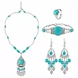 HIFOT 4 Pezzi turchese parure gioielli donna, orecchini pendenti etnici, bracciale donna argento anelli, collana turchese per regalo per mamma fidanzata donna compleanno anniversario