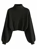 ZAFUL Maglione da donna a maniche lunghe Pullover crop maglione collo a lanterna manica a costine maglione maglione a maglia, Nero-1, M