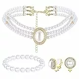 Diamday Collana Girocollo Con Perle Finte Braccialetto di Perle Elastiche Simulate Orecchini a Clip Per Feste di Ballo di Fine Anno Per Donne, Ragazze, Sposa, Damigella D'Onore