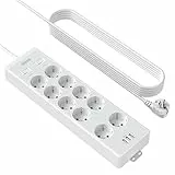 Ciabatta Multipresa da muro, 4000 Joule Protezione da Sovratensioni NTONPOWER Multipresa elettrica 10 Schuko con 3 Porte USB, 4000W/16A, 3 Metri Lunga Cavo - Bianco