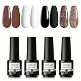Smalto Semipermanente Unghie, ROSALIND Smalti Semipermanenti per Unghie in Gel UV LED Mini Glitter Bianco Nero Marrone 4 Colori Kit Smalto Unghie Soak Off Nail Art Nail Polish Set Manicure
