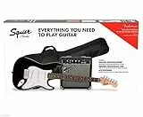 Squier by Fender Stratocaster Beginner Guitar Pack, tastiera in alloro, nera, con gig bag, ampli, tracolla, cavo, plettri e lezioni online