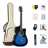 Lankro Chitarra Acustica 3/4 Per Principianti da 38 Pollici Chitarra per Bambini Blue Basswood Cutaway Guitarra Starter Kit con Custodia Morbida Stap Libro di Apprendimento Corde Strap Tuner Picks