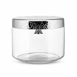 Alessi MW29 'Dressed', Biscottiera in vetro. Coperchio in acciaio inossidabile 18/10 lucido con campanella e decoro a rilievo.