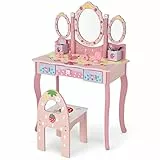 COSTWAY Toeletta Trucco Bambina 2 in 1, Postazione Trucco Rosa con Sgabello e Specchio per Bambini, Tavolo da Trucco con 3 Cassetti, 3 Anni (Rosa)
