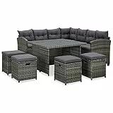 Tidyard Set 6 pz Divani Angolari da Giardino con Cuscini in Polyrattan Grigio,Divano ad Angolo,Divano Angolare 5 Posti+Tavolo+4 Sgabelli,Set Tavolo e Sedie da Pranzo Giardino per Esterno