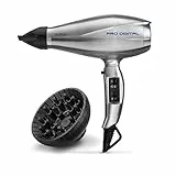 BaByliss 6000E Asciugacapelli Digitale EC, Funzione Ionica, 2200W con Diffusore e Concentratore, Velocità Aria fino a 208 kmh, 8 velocità/temperature, Argento/Nero