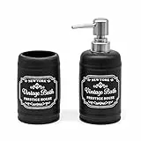 Inbagno Set Accessori Bagno in Ceramica Nera con Stampe a Contrasto Bianche, Stile Vintage, Completo di Dispenser Sapone e portaspazzolini