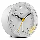 Orologio Sveglia Analogico Classico Braun con Funzione Snooze e Luce, Movimento al Quarzo silenzioso, Suono Sveglia Beep con crescendo, colore bianco, modello BC12W.