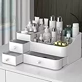 Queta Organizer per trucchi grande Organizer per trucco con 3 cassetti, Scatola per trucco adatto per gioielli, spazzole, rossetto e creme, con capacità di 8 scomparti