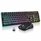 RedThunder K10 Combo Tastiera Gaming Wireless, IT-Layout, Batteria Ricaricabile da 3000 mAh e Retroilluminata LED, Anti-ghosting + Mouse 7D 3200DPI per Gamer