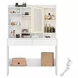 VASAGLE Toeletta con Luci LED 3 Colorazioni con Luminosità Regolabile, Tavolo da Trucco con Specchio, Spazioso, Ripiani Regolabili, 2 Cassetti, Postazione Trucco, Moderno, Bianco RDT123T14