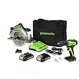 Sega circolare a batteria Greenworks 24V, con trapano a batteria da 35 Nm, motore Brushless, 2 batterie da 2 Ah, lama per sega circolare da 185 mm, caricabatterie da 2 Ah, 1 valigetta per attrezzi