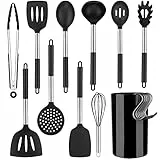 YMERSEN Utensili Cucina Silicone 12 Pezzi Mestoli Cucina Silicone Resistente al Calore Set Utensili Cucina Utensili da Cucina con Manico in Acciaio Inossidabile per Padella Antiaderente (Nero)