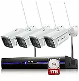 REIGY 3MP Sistema di sorveglianza WiFi esterno con spotlight e 1TB HDD, kit telecamera videosorveglianza 8CH 5MP NVR + 4X 1296P Camera, Audio Bidirezionale Visione Notturna Colorata Impermeabile