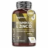 Vitamina C 1000mg + 10mg Zinco Integratore, 1 Compressa al Giorno - Zinc e Vitamina C Contribuiscono alla Normale Funzione del Sistema Immunitario - 180 Vitamina C e Zinco Compresse - Acido Ascorbico