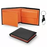 TEEHON® Portafoglio Uomo Slim Vera Pelle Blocco RFID, con Tasca Portamonete,2 Scomparti Banconote,10 Porta Carte di Credito, Portachiavi. Portafogli Piccolo Sottile Confezione Regalo-nero e arancione
