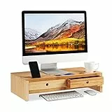 Relaxdays 14 x 60 x 30 cm, Naturale Supporto per Monitor, bambù, Rialzo per PC, 2 Tiretti & Scomparti, HLP, Bianco/Legno