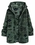 ZAFUL Cappotto da donna con cappuccio in stile etnico con tasche lungo in tribale Geo Aztec stampato soffice in tessuto Teddy, verde scuro, M