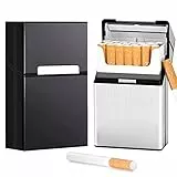 LRiQi Portasigarette in alluminio con chiusura magnetica, 2 pezzi Portasigarette Portatile da Uomo Donna, Portasigarette in Metallo Leggero per 20 Sigarette, Porta Sigarette (Nero, Argento)