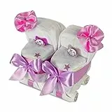dubistda© Torta di pannolini gemelli rosa / 25 pezzi/passeggino gemellare – regalo per gemelli ragazze con due pinze personalizzate + biglietto di auguri