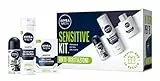 NIVEA MEN Sensitive Kit, Confezione Regalo Uomo con Schiuma da Barba da 200 ml, Balsamo Dopobarba da 100 ml e Deo Roll-On da 50 ml, Set Skincare Uomo Pelli Sensibili con Pochette in Omaggio