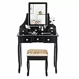HOMASIS Toletta con 5 cassetti, tavolo da toeletta con specchio girevole a 360° e sgabello, scatola portaoggetti mobile, tavolo cosmetico per camera da letto, 80 x 40 x 139 cm (nero)