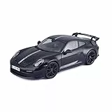 Maisto Porsche 911 GT3 (2023): modello auto in scala 1:18, porte, bagagliaio e cofano mobili, nero con strisce (536458BKS)