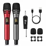 TONOR Microfono Senza Fili, UHF Sistema Wireless Microfonico Dinamico Portatile in Metallo Cordless con Ricevitore Ricaricabile, per Amplificatore, Sistema PA, Macchina da Karaoke, Grigio e Rosso