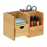 Relaxdays Organizer da Scrivania con Cassetto Portaoggetti, 2 Scomparti Portapenne, HLP: 14x20,5x13 cm, bambù, Naturale, 90% 10% Pannello di Fibra