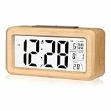 DTKID Sveglia digitale in legno facile da impostare con temperatura, data, retroilluminazione, snooze, per camera da letto, comodino, casa, ufficio, senza tick (Marrone)