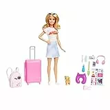 Barbie - Set da viaggio 'Malibu', Bambola e accessori, con cagnolino e oltre 10 pezzi, valigie funzionanti incluse, Giocattolo per Bambini 3+ Anni, HJY18
