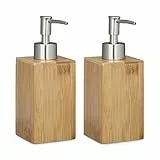 Relaxdays 4 distributori di sapone in bambù, forma quadrata, erogatore manuale, altezza 18 x 6,5 x 8 cm, ricaricabile, dispenser per lozione, colore naturale