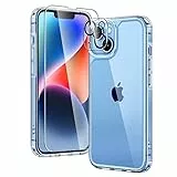TAURI 5 in 1 Cover per iPhone 14, [Senza Ingiallimento] 2 Pellicola Protettive+2 Protezione Fotocamera, [Protezione Antiurto Militare] Custodia Sottile Antishock, Aggiornamento-Trasparente