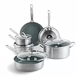 GreenPan Treviso Set di 10 Pentole e Padelle in Acciaio Inox con Rivestimento Ceramico Antiaderente Sano, Padella, Casseruola e Tegami, senza PFAS, Induzione, Forno e Lavastoviglie, Argento