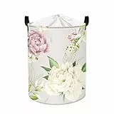 Clastyle 45L Ceste per la Biancheria Peonia Viola Bianco Pieghevole Cesta Indumenti Sporchi Fiori Rotondo per Bagno Soggiorno, 36x45 cm