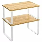 SONGMICS Scaffale Portaspezie, Set di 2 Organizzatori da Cucina Espandibili, Scaffale da Cucina Impilabile, Metallo e Legno Ingegnerizzato, Bianco e Naturale KCS02NW