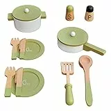 Teamson Kids Pentole in Legno con Accessori per Cucina Giocattolo Little Chef Frankfurt - Verde - 14 pz TK-W00009